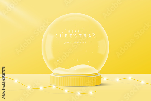 Yellow 3D cylinder podium pedestal realistic under transparent glass snow globe, snowdrift and decorate with neon light wire. Design for promote product on Christmas day and Happy New Year.