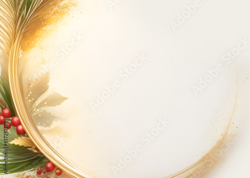 Merry Christmas and holiday season watercolor and gold brush texture presentation background banner template. Red and gold mistletoe illustration.