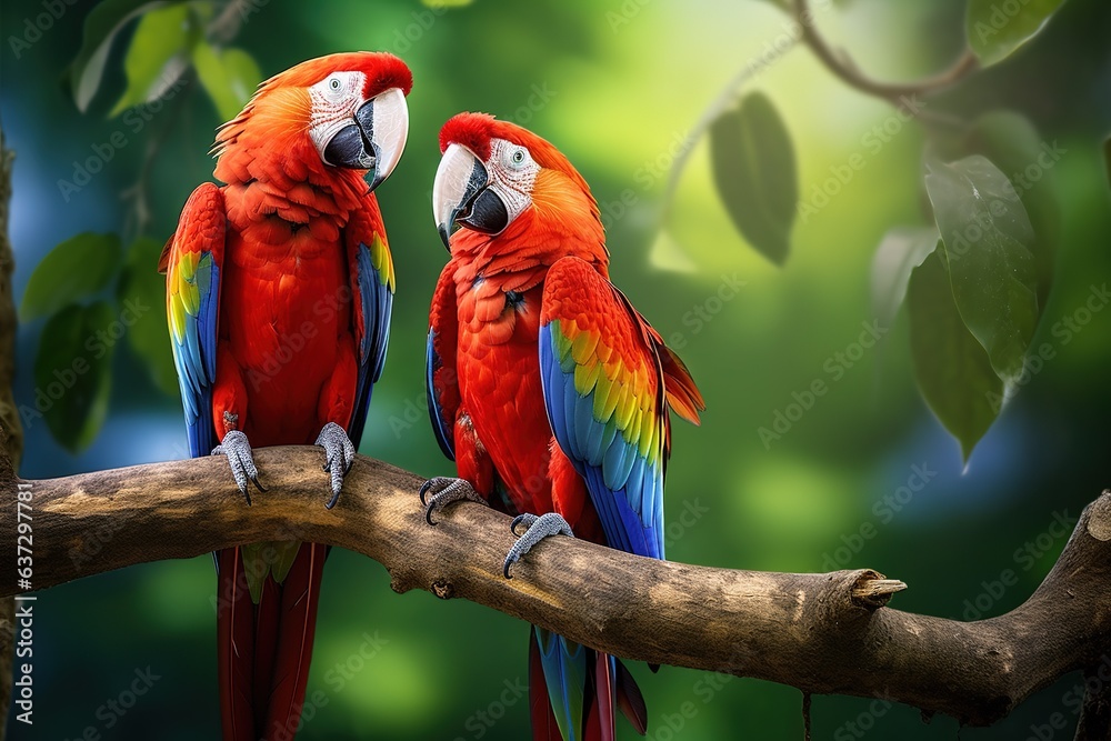 two scarlet macaws are facing each other on a branch on tropical blurry background