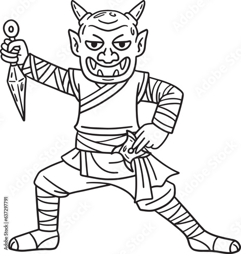 Ninja Wearing Oni Mask Isolated Coloring Page