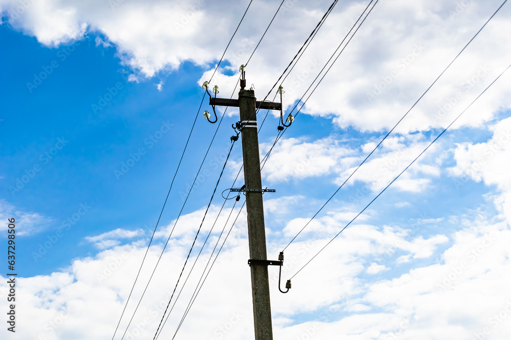 Power electric pole with line wire on colored background close up Power electric pole with line wire on colored background close up