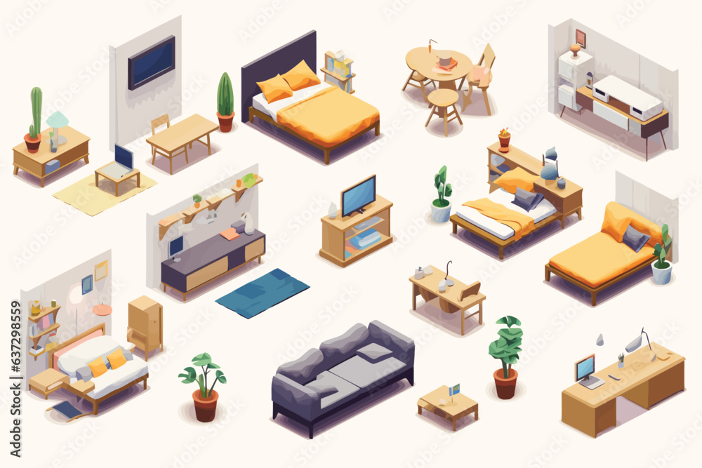 rooms interior set isometric vector flat isolated illustration
