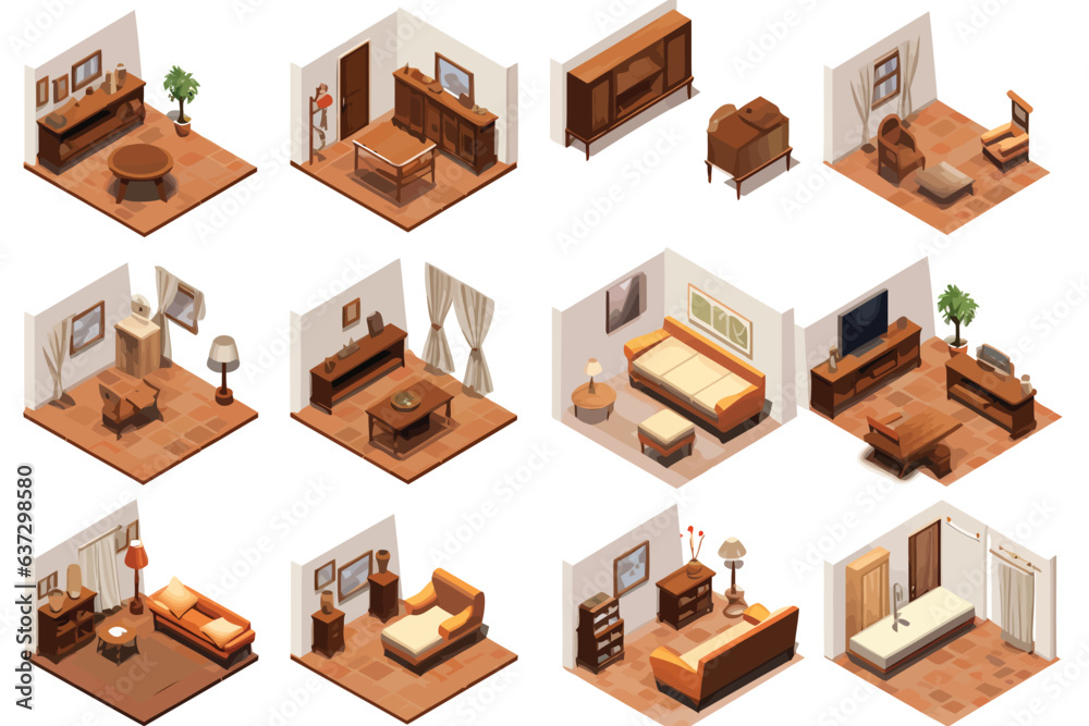 rooms interior set isometric vector flat isolated illustration