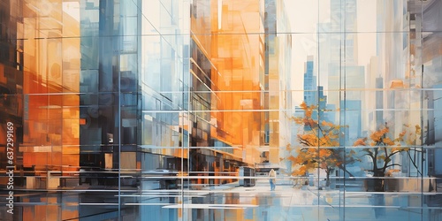 Oil painting of a modern city, abstract strokes of oil paint, art painting. photo