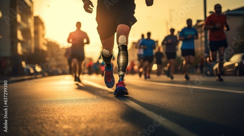 A man with a prosthetic leg. running around.Disabled person with prosthetic leg running marathon race . Generative Ai