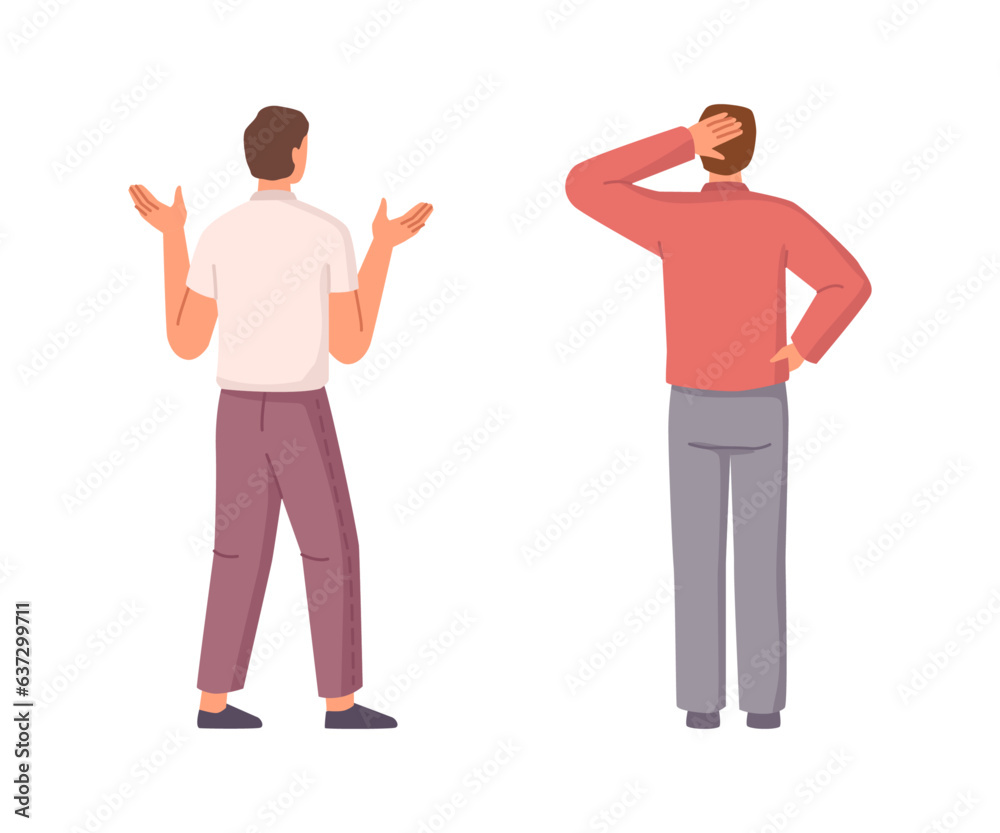 Man thinking and choosing way, character man in different actions, back view. Businessman thinks, searches, doubts and choose right path . Financial difficulties. Vector illustration in cartoon style Man thinking and choosing way, character man in different actions, back view. Businessman thinks, searches, doubts and choose right path . Financial difficulties. Vector illustration in cartoon style