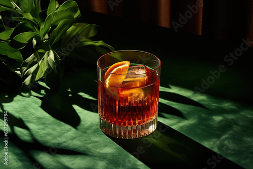 Negroni Mezcalito cocktail drink made with Mexican mezcal, vermouth, bitters, herbal liqueur, orange, cinnamon, and ice. Presented against a dark green background with hard light casting shadows photo