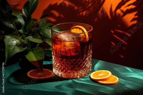 Presenting the Negroni Mezcalito cocktail, blending Mexican mezcal, vermouth, bitter, herbal liqueur, orange, cinnamon, and ice. It's showcased on a dark green backdrop, highlighted by hard light photo