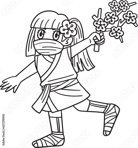 Ninja Kunoichi with Sakura Branch Isolated 