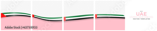 Set of Continuous United Arab Emirates Flag Template Frames. Set of carousel UAE Ribbon Flag card layout templates. Social Media template with flag of UAE. Editable Vector Illustration.