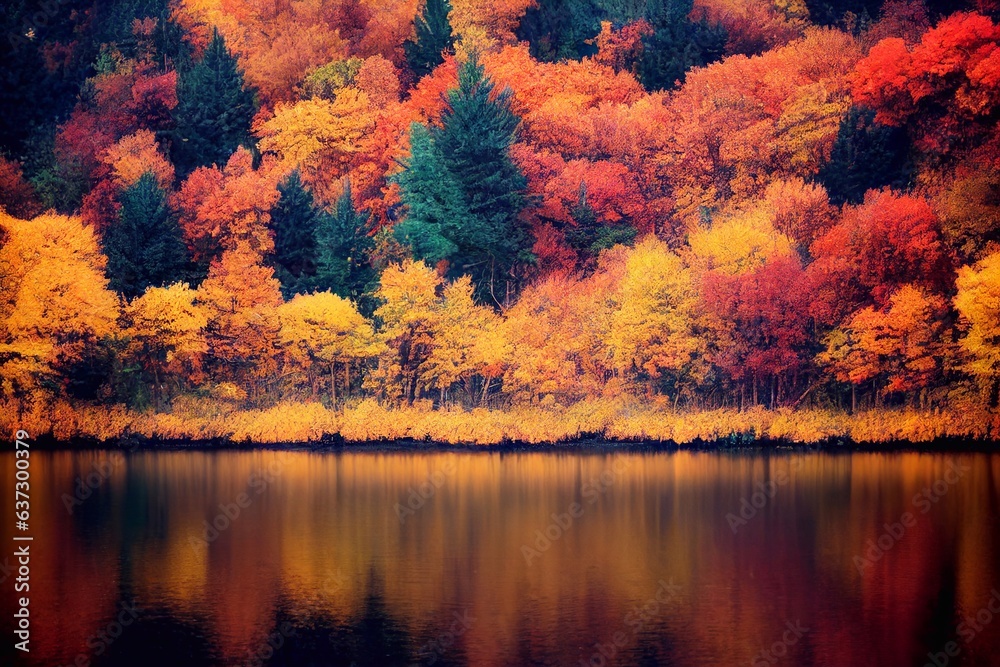 Obraz premium Autumn forest. Orange, yellow trees. Autumn nature. Generated by AI 