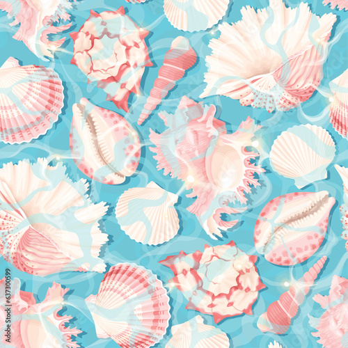 Sea shells and water glare seamless pattern