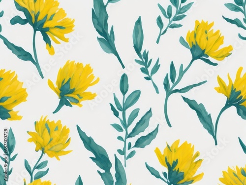 Watercolor Yellow flowers with green leaves  AI generated