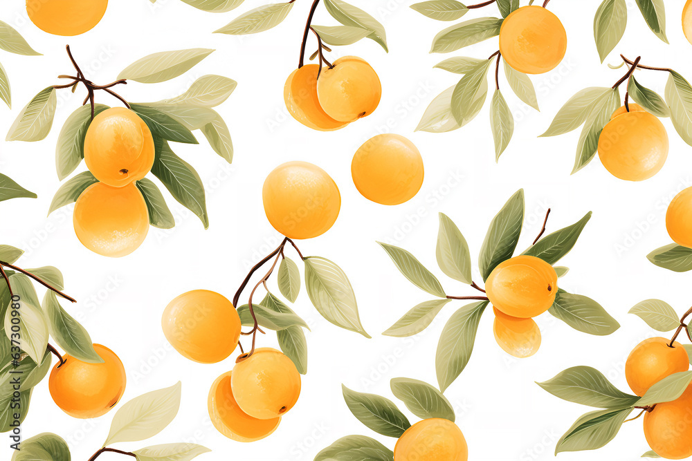 Obraz premium Apricots on branches with leaves, illustration pattern on white background. AI generative.