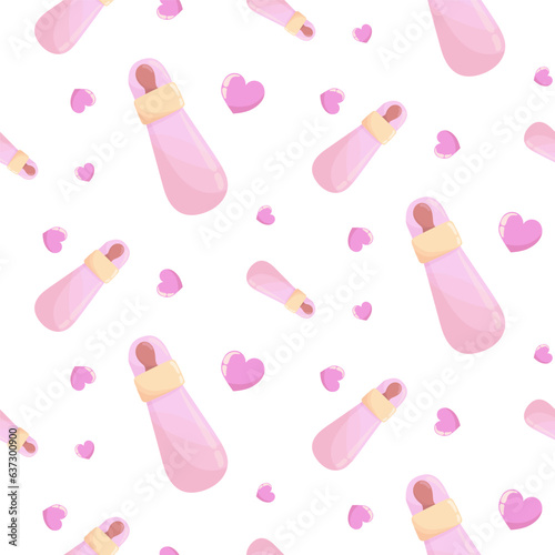 Seamless pattern with pink baby bottle for milk and hearts. background