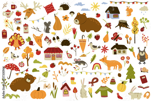 Fall set. Autumn kit with season different elements. Houses, leaves, warm closes, pumpkins, animals, nuts, rainbow. Clip art, stickers. Hand drawn style.