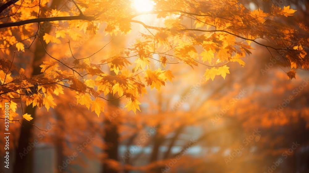 Autumn orange bright leaves swinging in a tree. Natural sun light shining through in a park. 