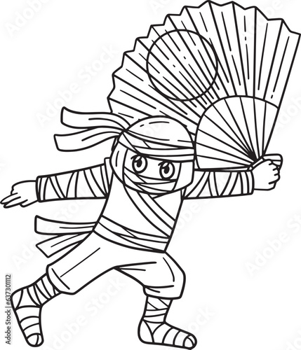 Ninja with a Large Fan Isolated Coloring Page 