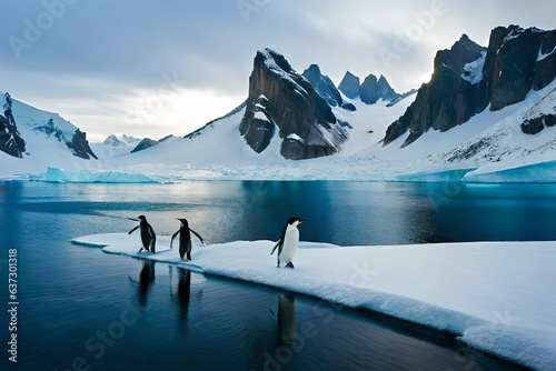 Adelie Penguin, pygoscelis adeliae, Group Leaping into Ocean, Paulet Island in Antarctica photo