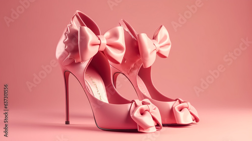 Pink women's shoes with bows on a pink background, generative AI.