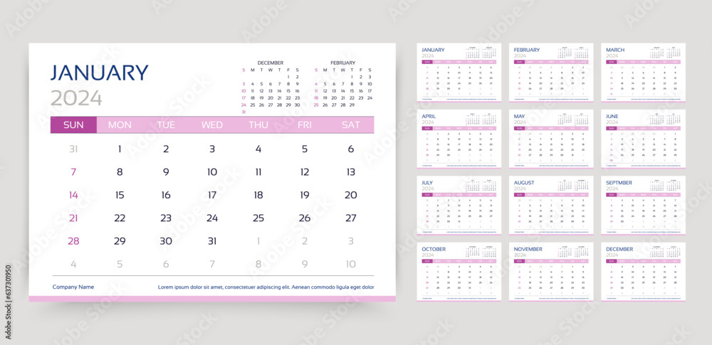 Calendar for 2024 year. Planner calender template. Week starts Sunday. Table schedule grid with 12 month. Yearly stationery organizer. Horizontal monthly diary layout. Vector simple illustration Calendar for 2024 year. Planner calender template. Week starts Sunday. Table schedule grid with 12 month. Yearly stationery organizer. Horizontal monthly diary layout. Vector simple illustration