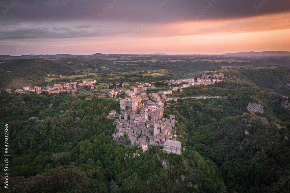 Aerial view of Italian medieval city, Sorano in the province of Grosseto in southern Tuscany, Italy