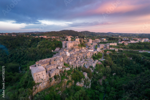 Aerial view of Italian medieval city  Sorano in the province of Grosseto in southern Tuscany  Italy