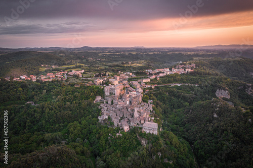 Aerial view of Italian medieval city, Sorano in the province of Grosseto in southern Tuscany, Italy
