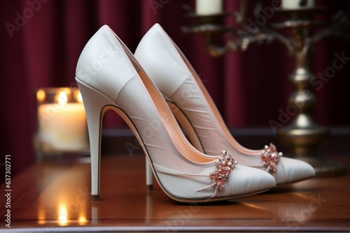 Stiletto shoes rest on rustic table, embodying elegance and a touch of glam Generative AI