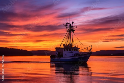 fishing boat silhouette against a colorful sunset