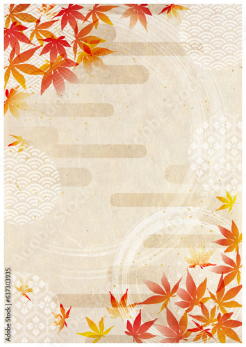 紅葉と和柄筆模様和紙背景