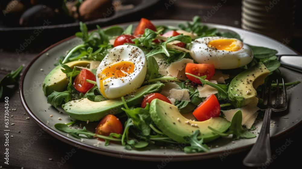 Tasty and healthy salad made of avocado, eggs, tomato, cucumber, cheese, arugula and chia seeds on a light plate. Top view. Flat lay. Tasty and healthy salad made of avocado, eggs, tomato, cucumber, cheese, arugula and chia seeds on a light plate. Top view. Flat lay.