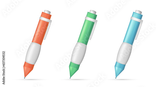 Set of realistic 3d glossy pen, mechanical ballpoint pen. Cartoon 3d stationery attribute, education concept, drawing symbol, writing icon. Vector illustration isolated on white background