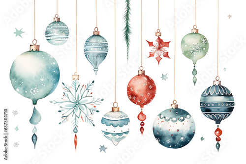 set of multicolor watercolor christmas decoration bauble illustrations on clear background for decoration, print, cards