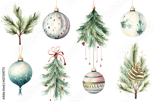 set of multicolor christmas decoration bauble illustrations on clear background for decoration, print, cards