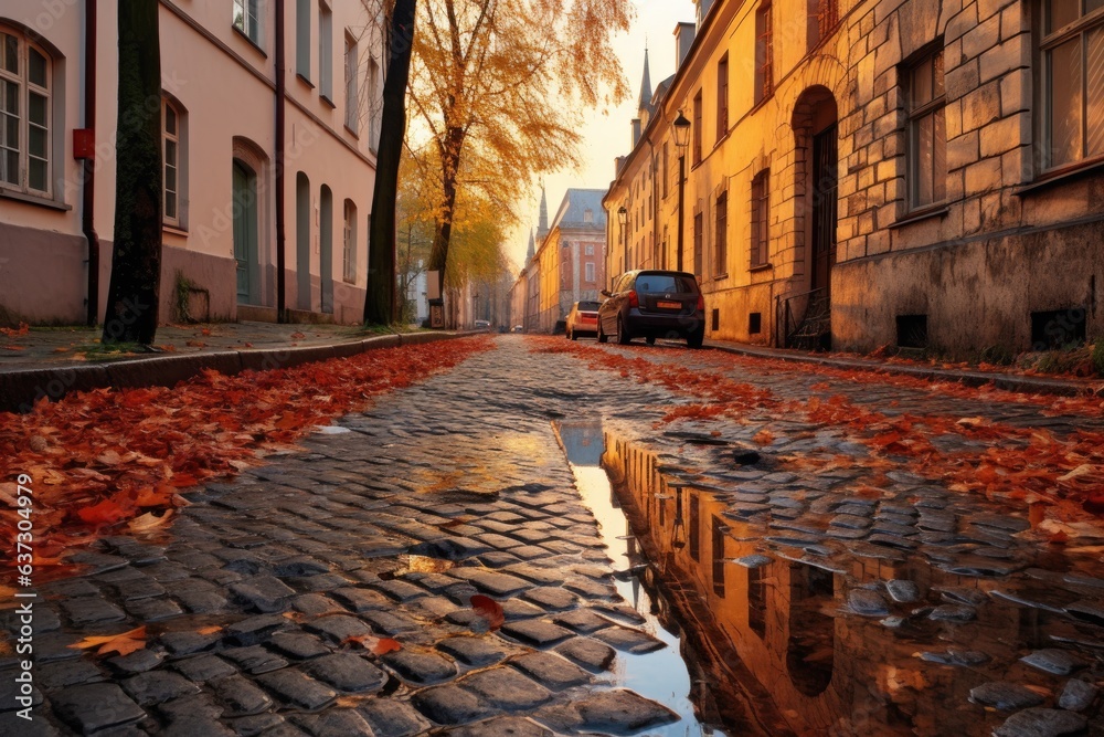 Fototapeta premium puddle on a cobblestone street after a ra