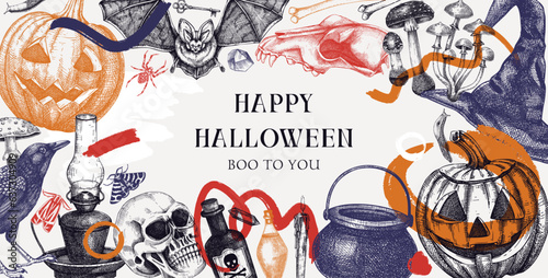 Collage style Halloween frame design. Hand drawn vector illustration. Halloween party invitation. Abstract shapes, trendy design elements, Skulls, bones, Halloween pumpkins, poison, mushrooms sketches