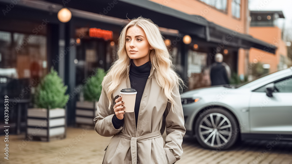Stylish businesswoman in a beige coat walks along a busy street and takeaway coffee in hands.
Stylish businesswoman in a beige coat walks along a busy street and takeaway coffee in hands.