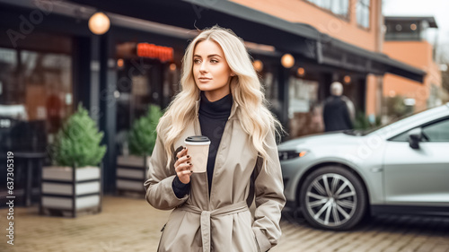 Stylish businesswoman in a beige coat walks along a busy street and takeaway coffee in hands. 