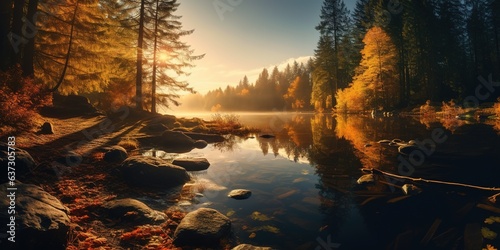 Herbstliche Landschaft im Wald. Sonnenstrahlen im Herbst erleuchten romantisch die Bäume und braunen Blätter. Braunes Laub auf Waldweg. © Marco