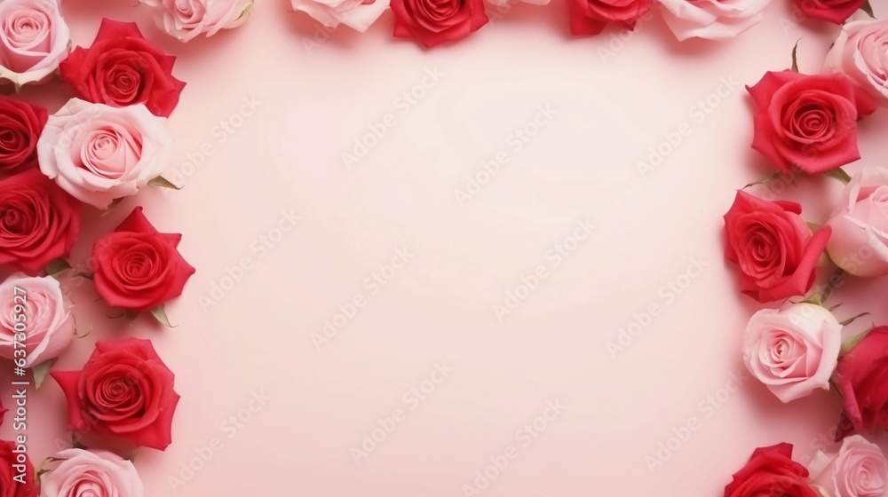 AI Generated, a picture frame made up of red roses flowers on soft pink background, top view with space for text on the center, minimalism
