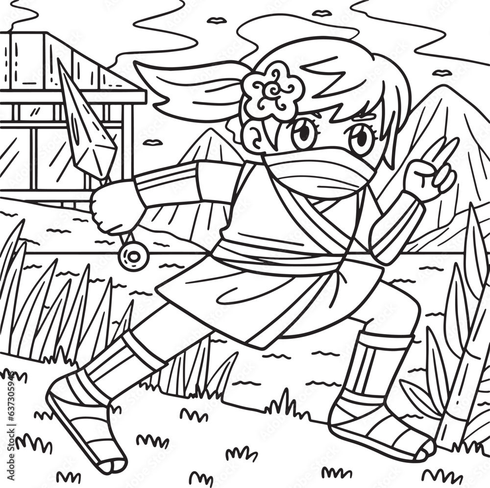 Ninja Kunoichi with Kunai Coloring Page for Kids