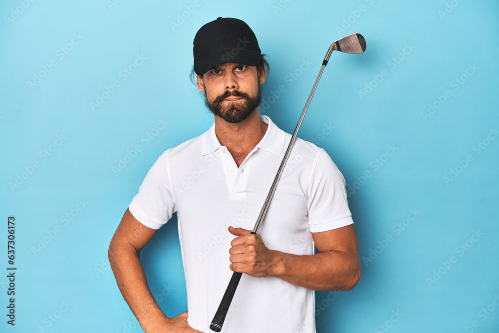 Long-haired golfer with club and hat confused, feels doubtful and unsure. Long-haired golfer with club and hat confused, feels doubtful and unsure.