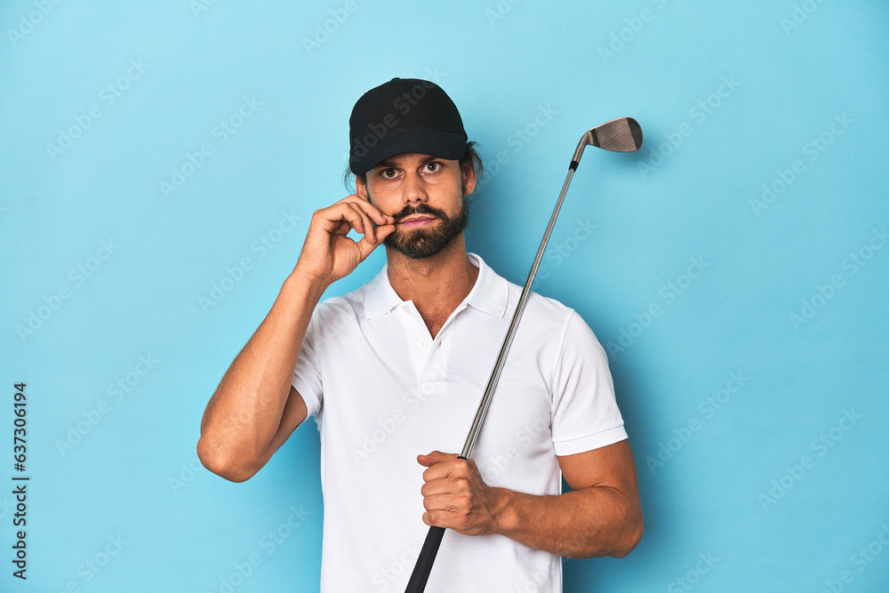 Long-haired golfer with club and hat with fingers on lips keeping a secret. Long-haired golfer with club and hat with fingers on lips keeping a secret.