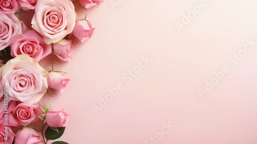 AI generated  a picture frame made up of red roses flowers on soft pink background  top view with space for text on the center  minimalism.