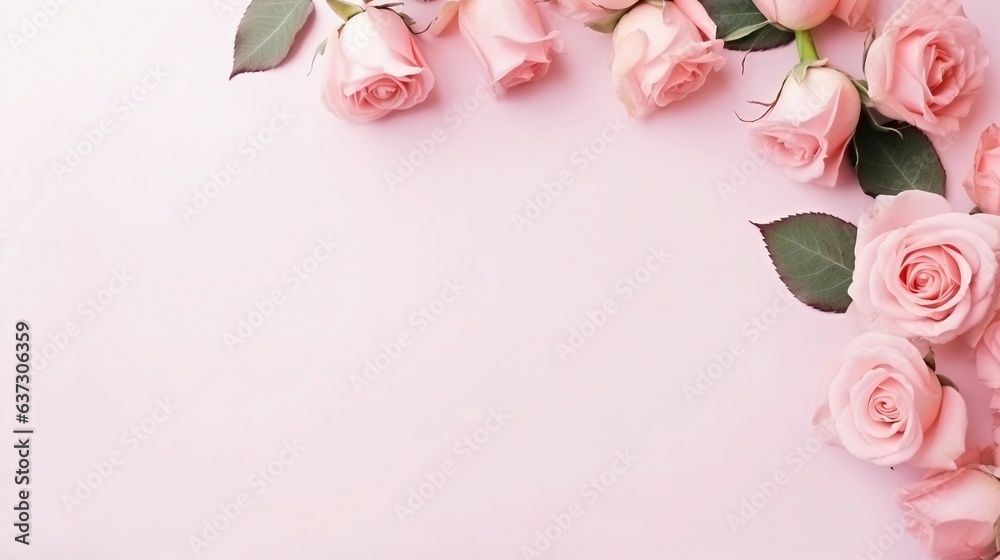 AI generated, a picture frame made up of red roses flowers on soft pink background, top view with space for text on the center, minimalism.