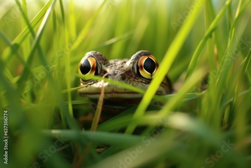 frog hiding in grass, preparing to ambush fly photo