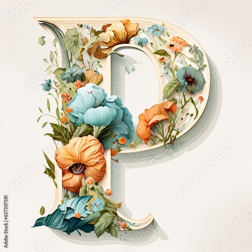 P letter flower watercolor Generative AI