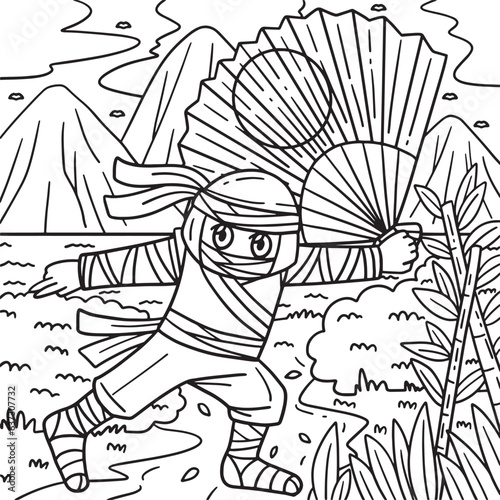 Ninja with a Large Fan Coloring Page for Kids