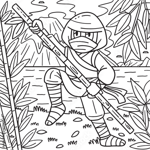 Ninja with a Bamboo Pole Coloring Page for Kids